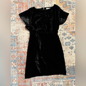 Loft black velvet short sleeved mini dress belted